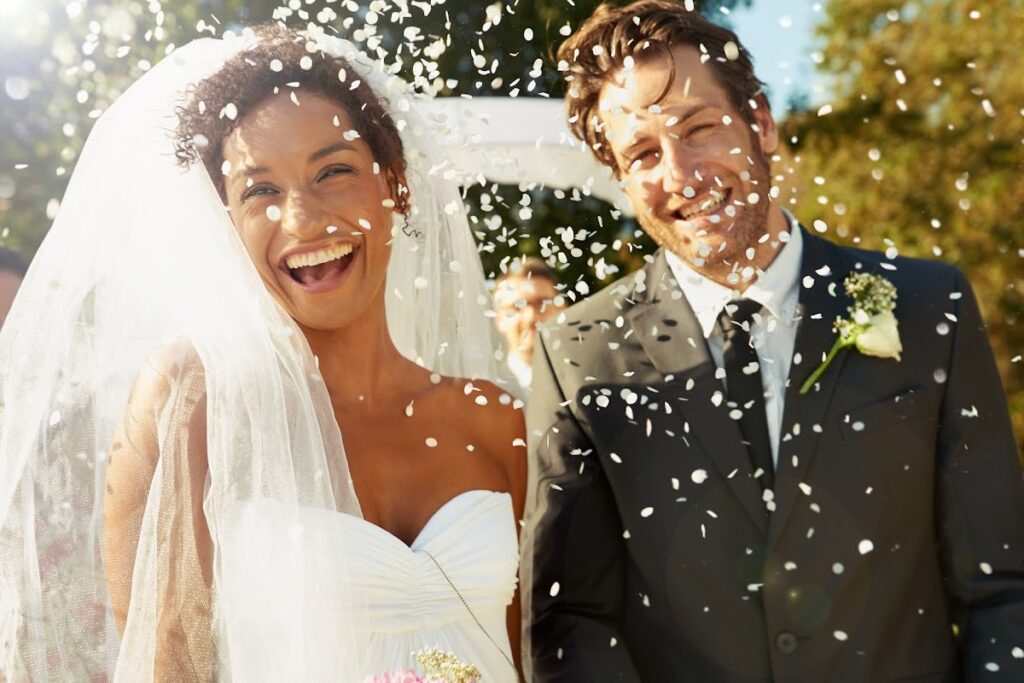 Happy bride and groom on their wedding day